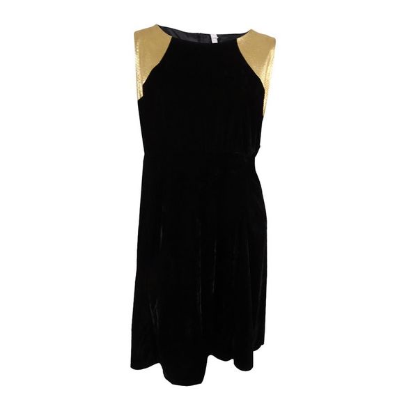 NY Collection Women's Metallic-Trim Velvet Fit & Flare Dress (2X, Dark Lustre) - Picture 2 of 3